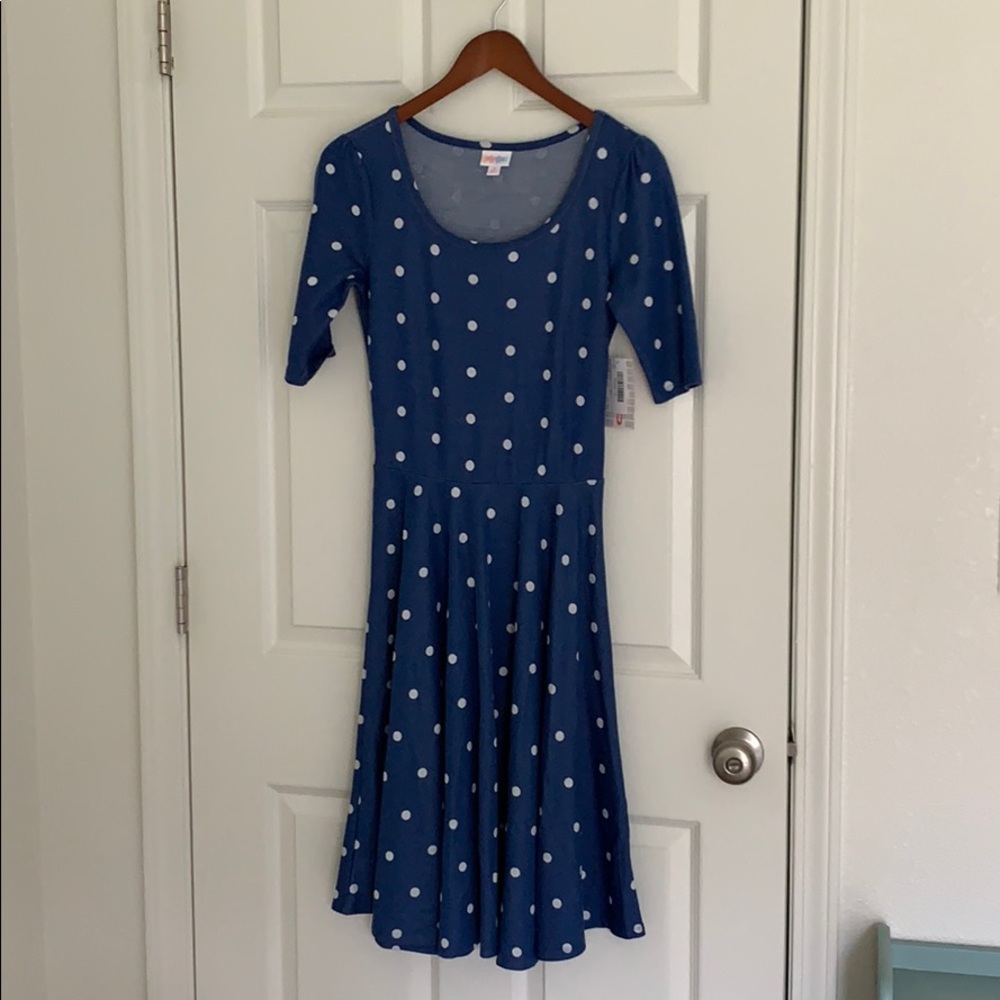LuLaRoe Nicole dress S NWT blue white polka dot
